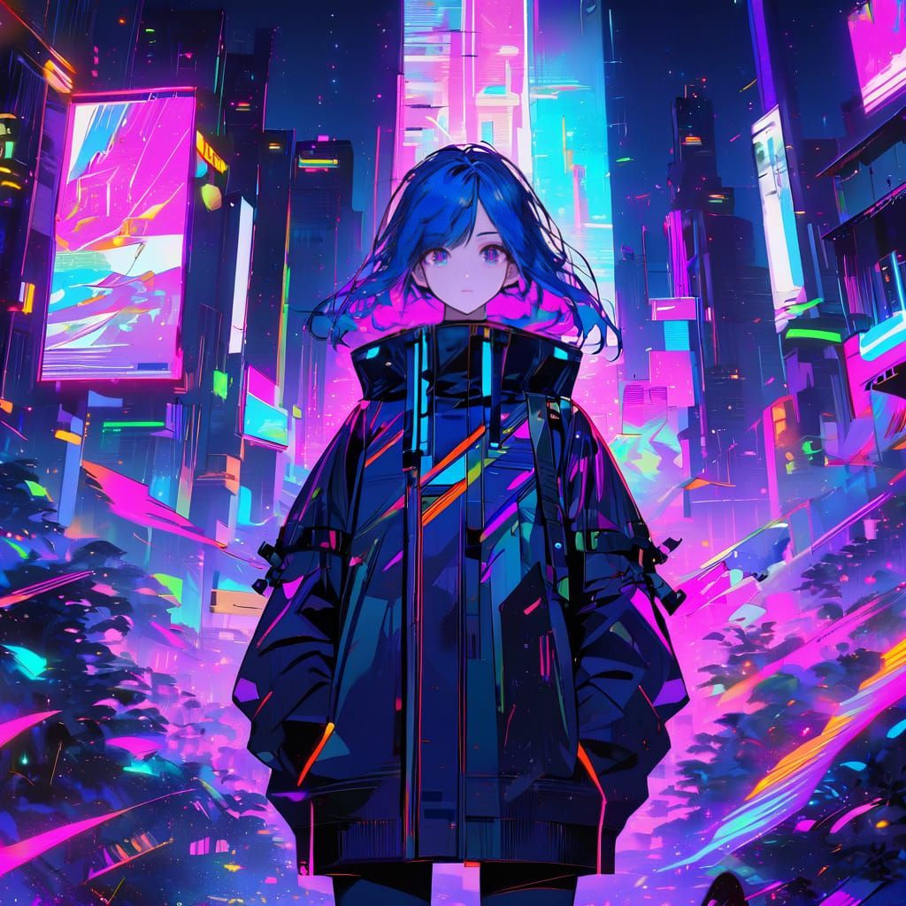 Cyberpunk Anime Girl with Electric Blue Hair