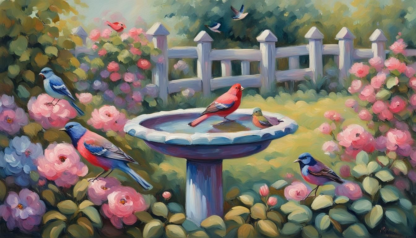 Impressionist Garden Birdbath with Colorful Birds