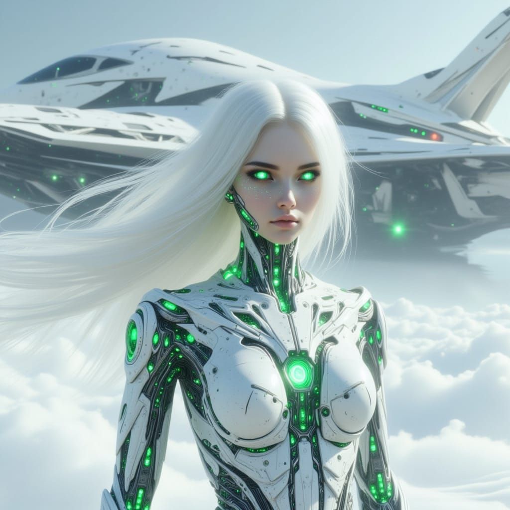 A female with stark white wispy hair, neon glowing green eyes, wearing an intricate white biomechanical suit stands in f...