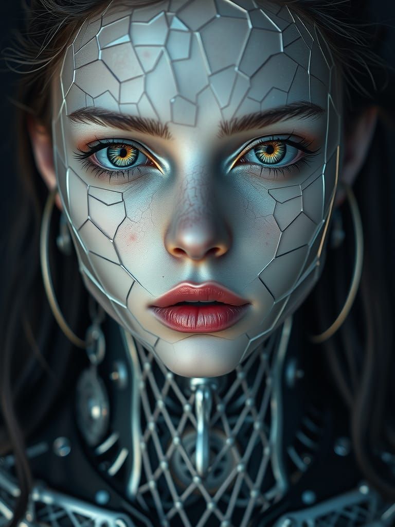 Ethereal Gothic Cyborg with Glass Skin and Intricate Gears