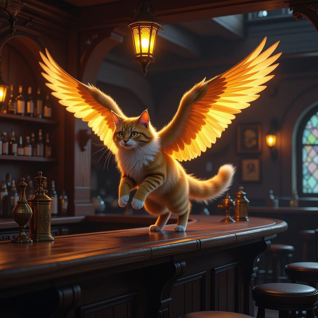 Golden Flying Cat Lands in Tavern, Storybook Fantasy Art