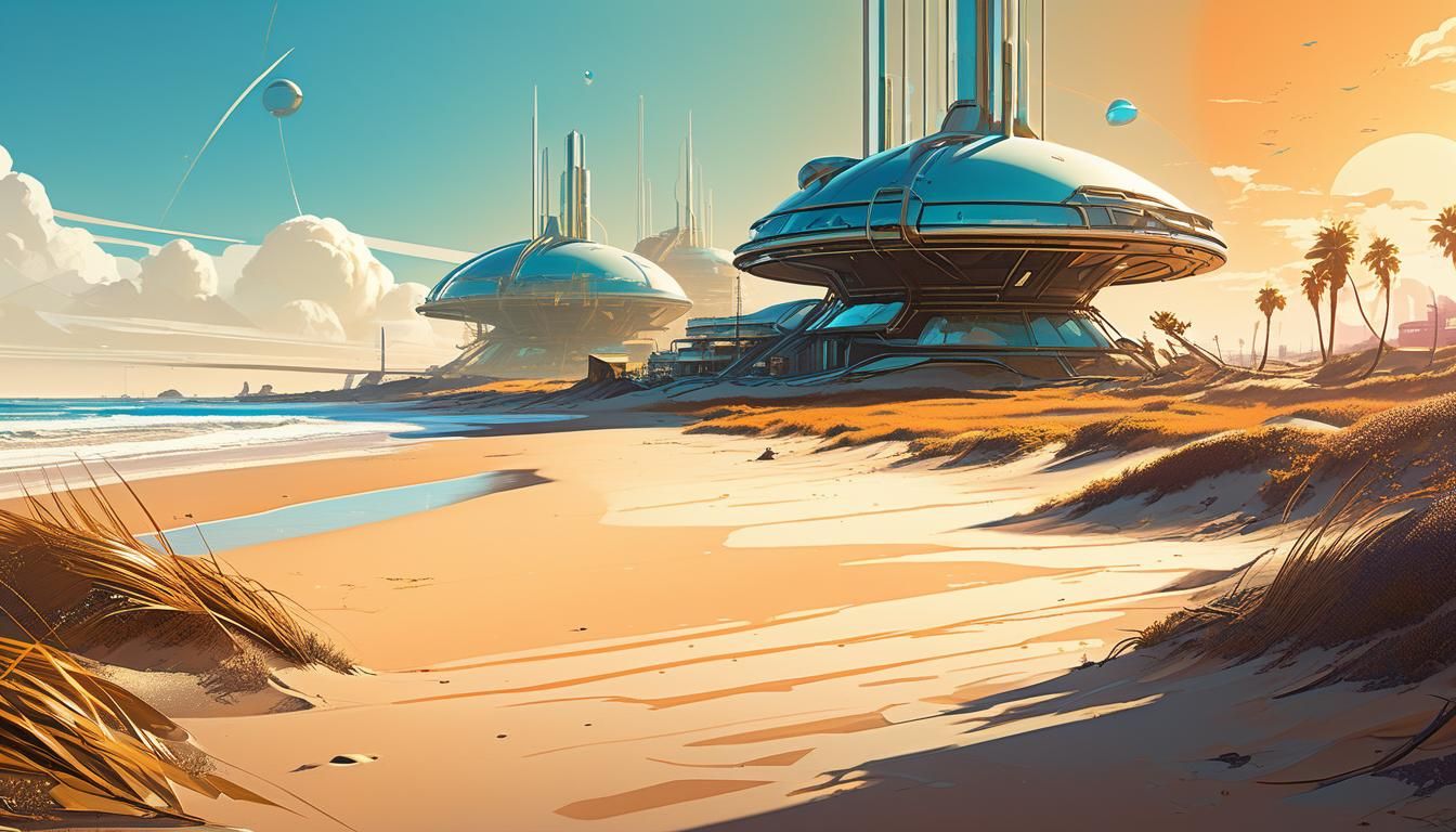Atompunk Beach Scene with Retro-Futuristic Architecture