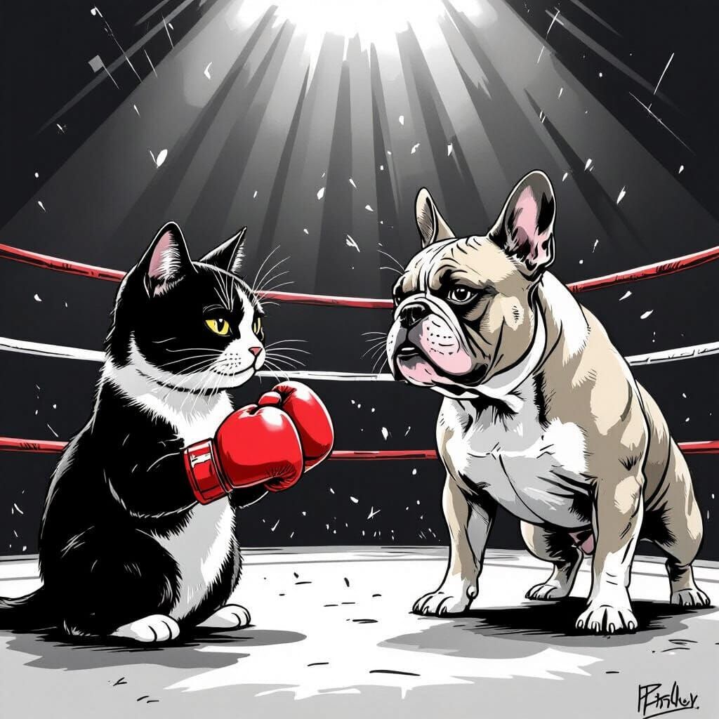 Tuxedo Cat vs Bulldog in Gritty Boxing Match Illustration