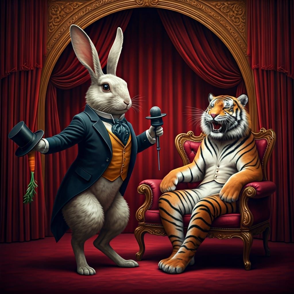 Rabbit Entertains Tiger in Ornate Theater
