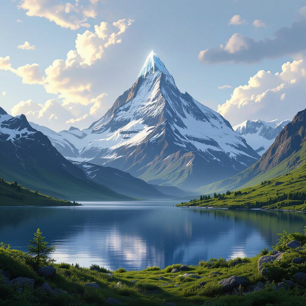 Icy Mountain Peak Over Serene Lake