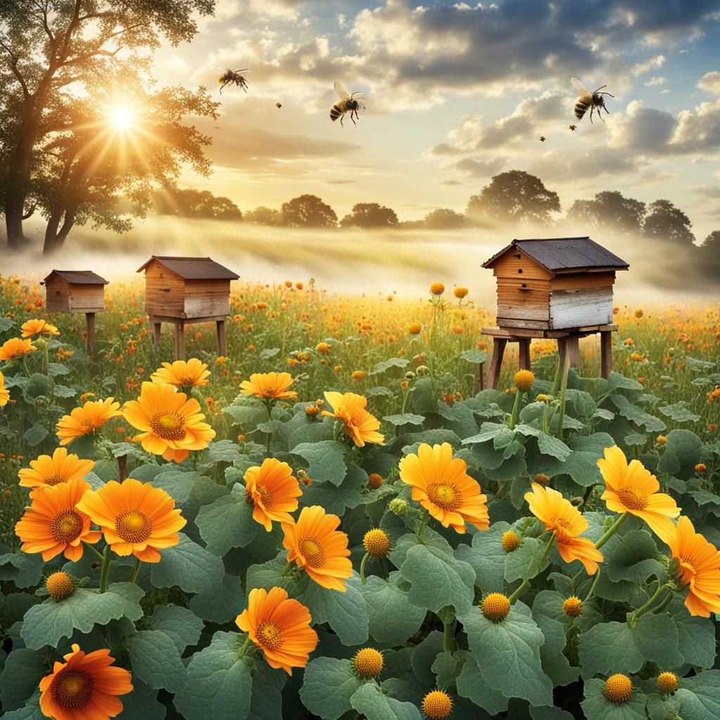 Bees Pollinating Pumpkin Flowers in Early Morning Light