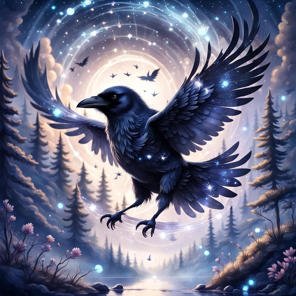 Mystical Raven Spirit Soaring Through Fantasy Realm