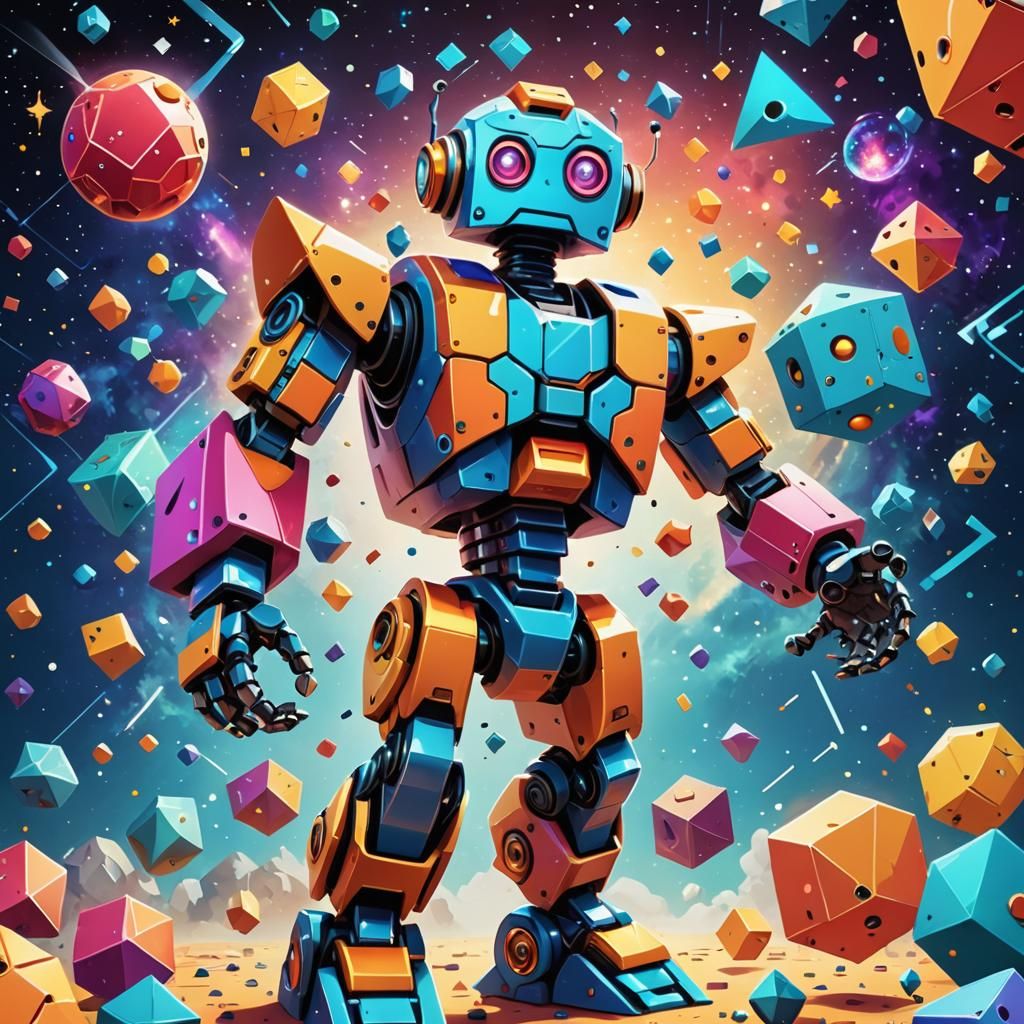 Cartoon Robot in Cosmic Setting with Geometric Shapes