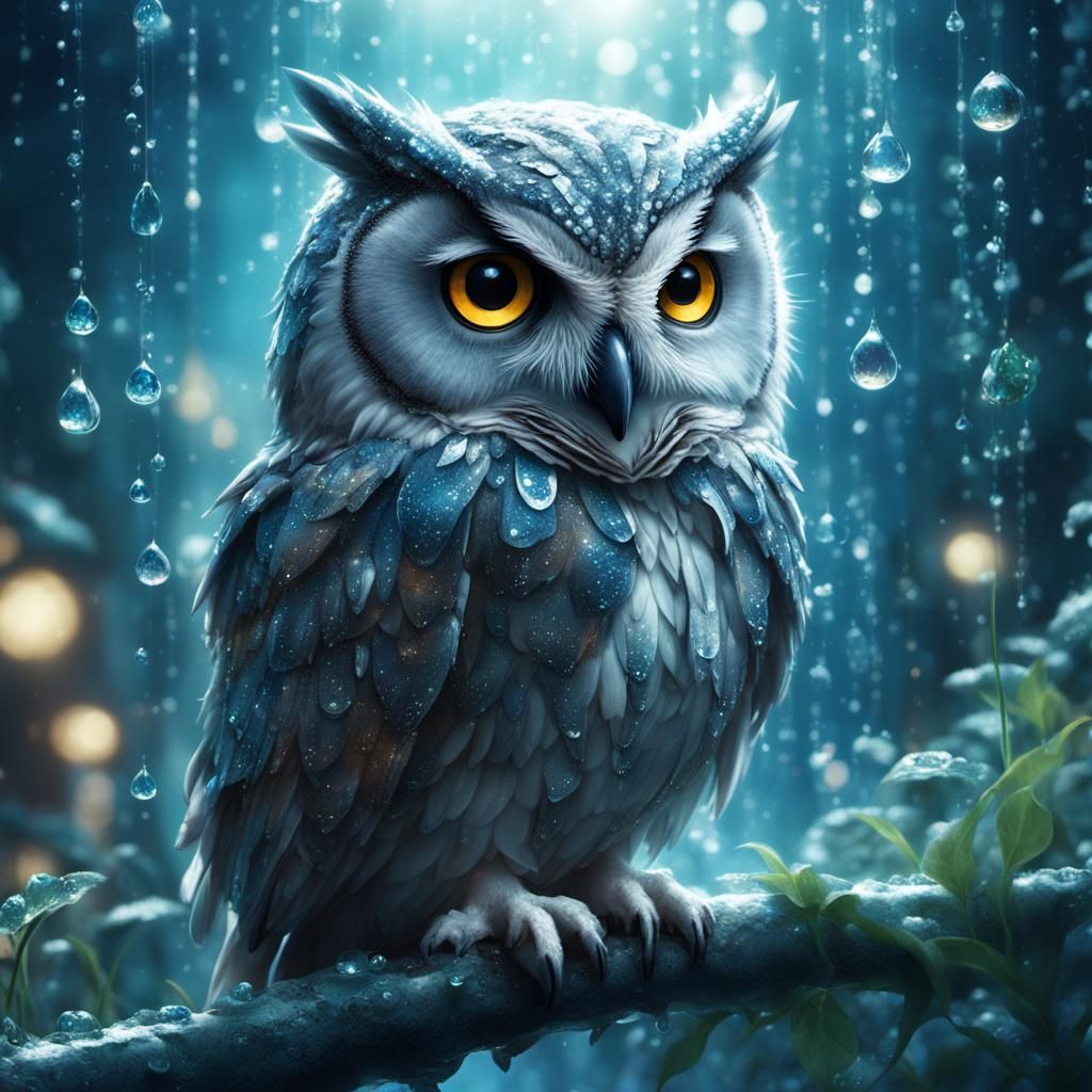 Magical Owl Covered in Dew Drops in Fantasy Space