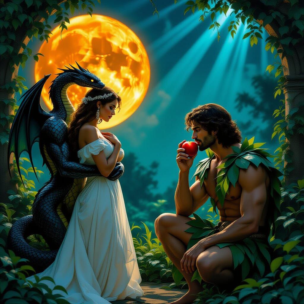 Eve, Adam, and the Serpent Under Moonlight