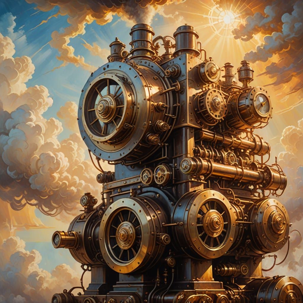 Steampunk Engine Soaring Through Clouds in Golden Light