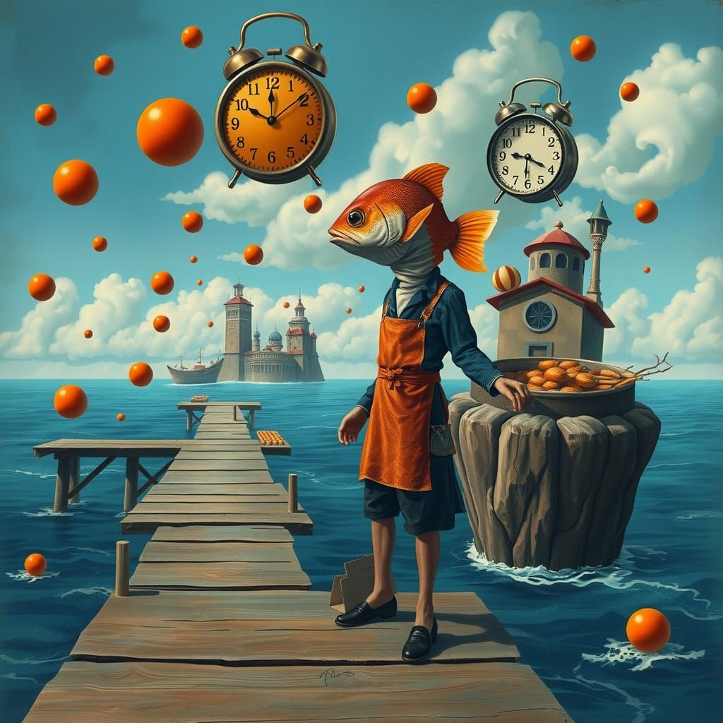 Dreamlike Fishmonger in Vibrant Surrealism