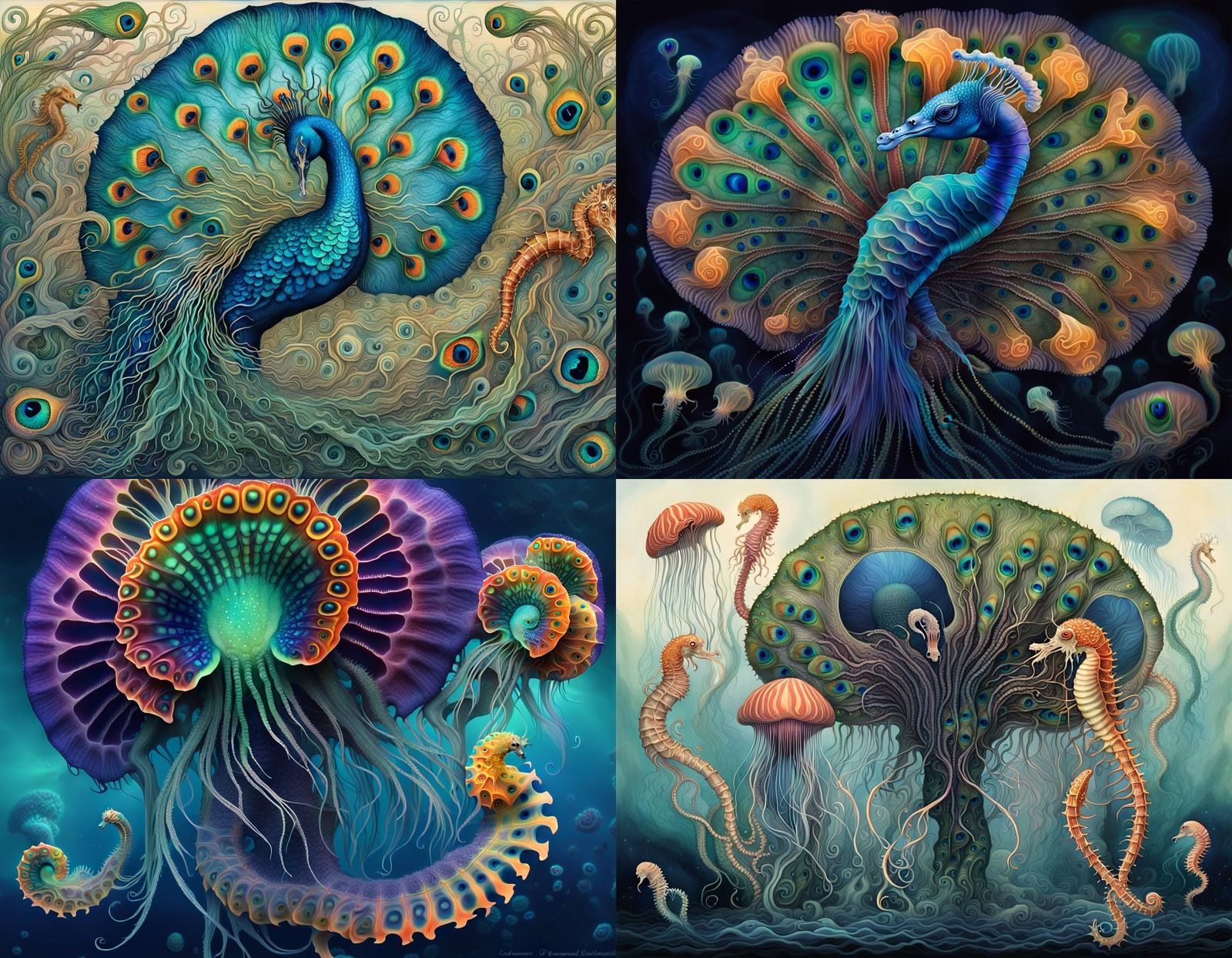 Entangled Peacock Seahorse Jellyfish in Surreal Style