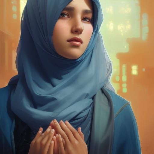 Detailed Portrait of Muslim Girl Praying