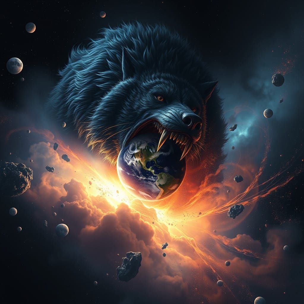 Gargantuan Wolf Devours a Celestial Body in a Fantastical Sp...