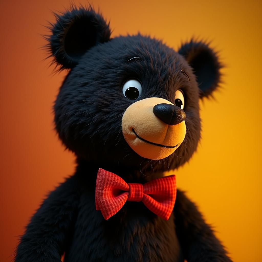 Plush Black Bear with Red Bow Tie in Soft Lighting