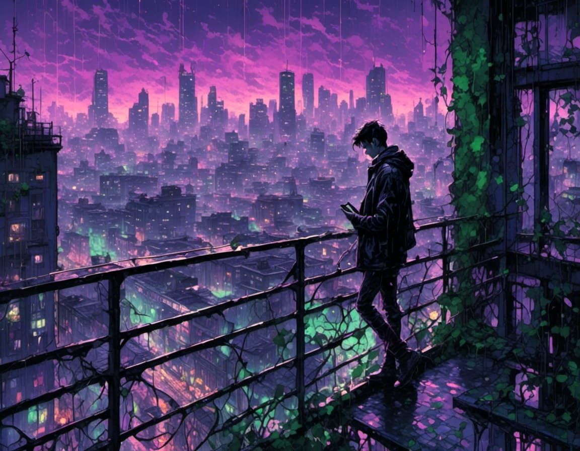 Cyberpunk Balcony Scene in Rainy Dystopia
