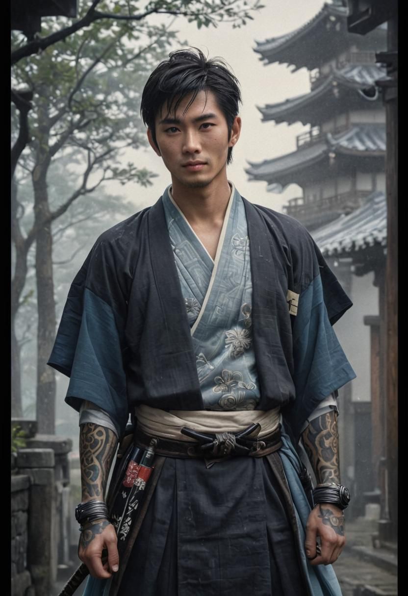 Androgynous Samurai in Misty Japanese City, Watercolor Art