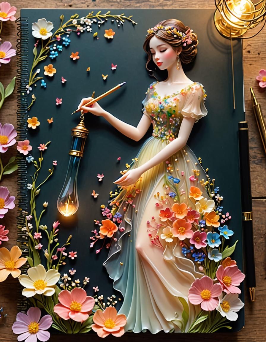 Resin Pen with Flowing Floral Woman, Photorealistic