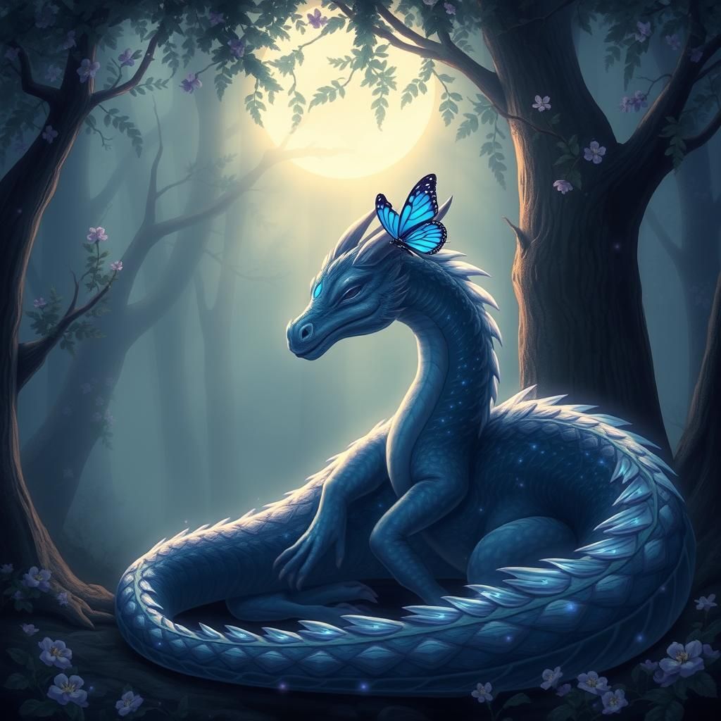 Mythical Dragon in Moonlit Forest with Butterfly