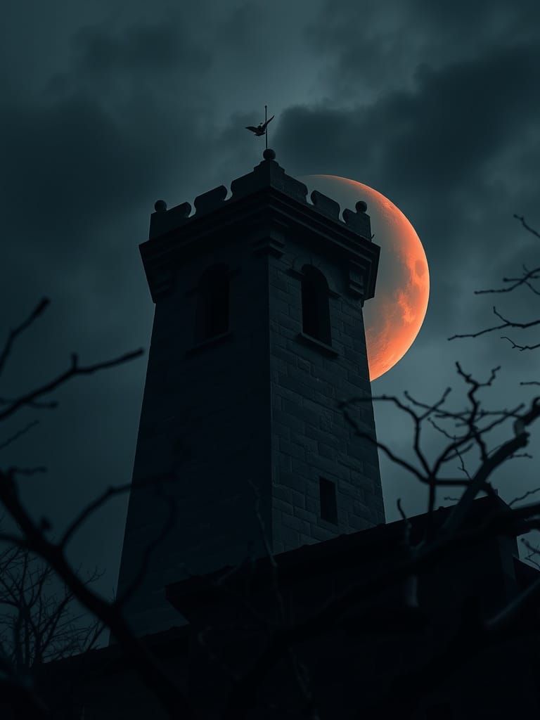 Gothic Stone Tower Silhouette Against Red Moon