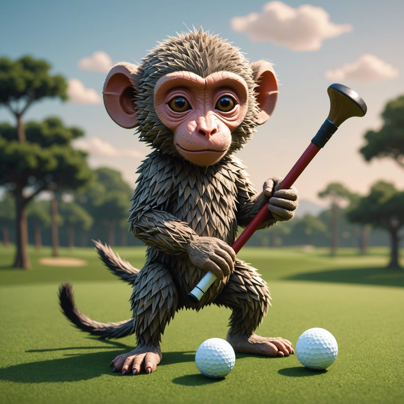 Baby Baboon Golfing: Pixel Art Ukiyo-e Style