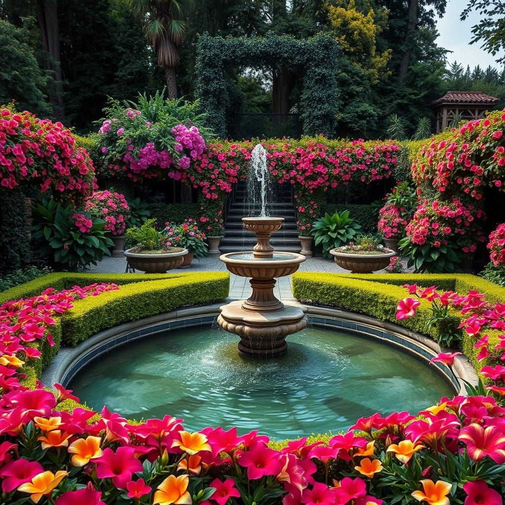 Vibrant Garden Oasis with Serene Fountain