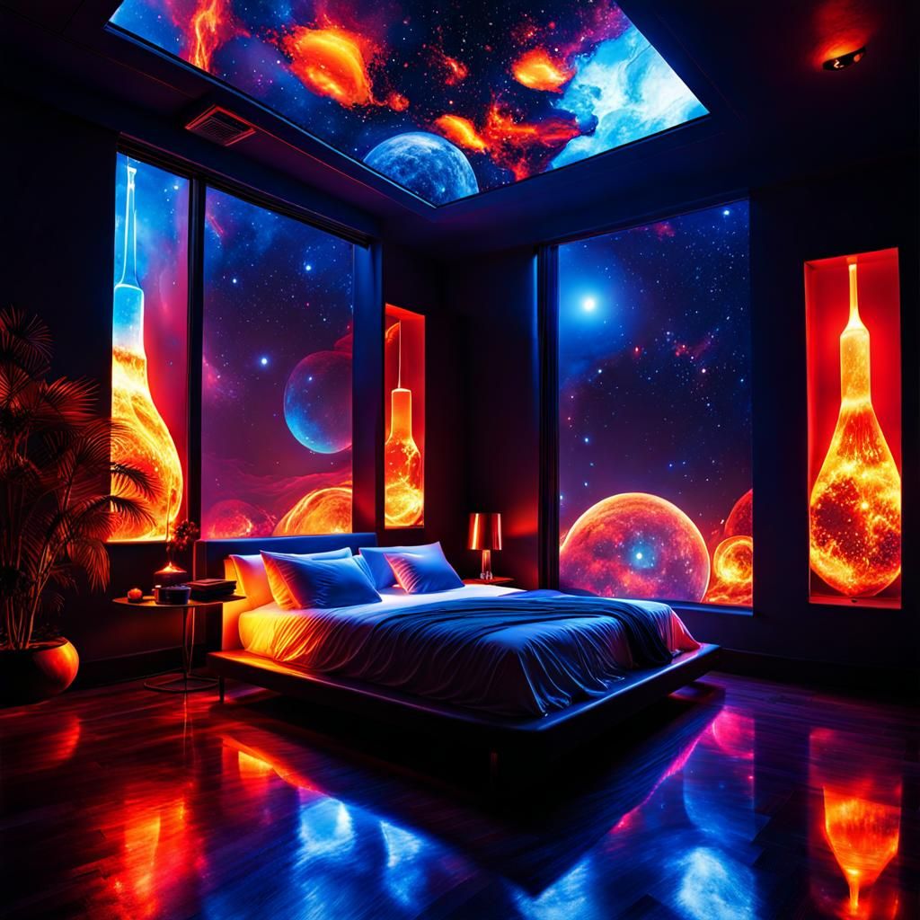 Nebula Bedroom with Glowing Lava Lamps