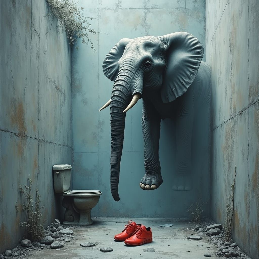 Surreal Elephant Appears in Desolate, High-Contrast Bathroom...