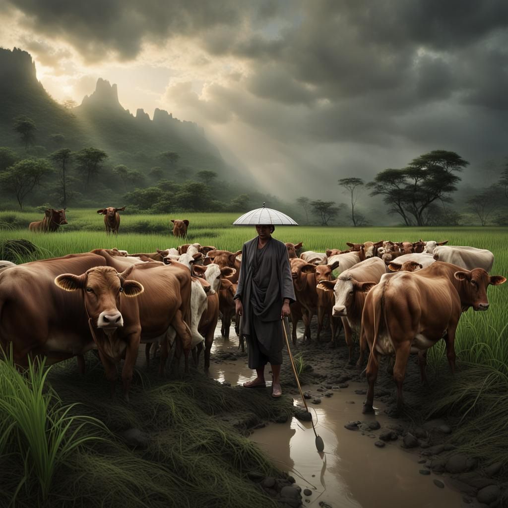 Cattle Herder in Rainy Season: Matte Painting