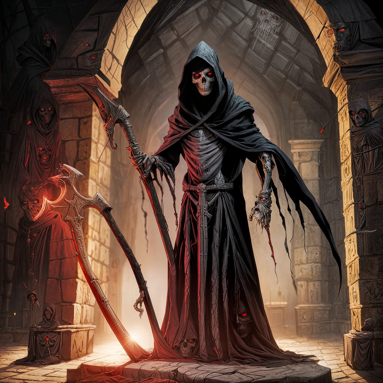 Grim Reaper with Bone Scythe in Crypt