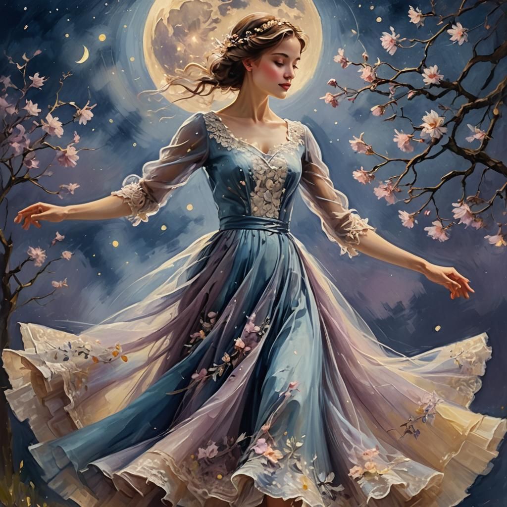 Lady Dancing in Moonlight: Impressionistic Nocturne