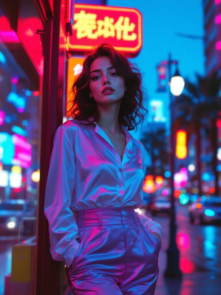 Ethereal City Pop Beauty Under Neon Dreamscape