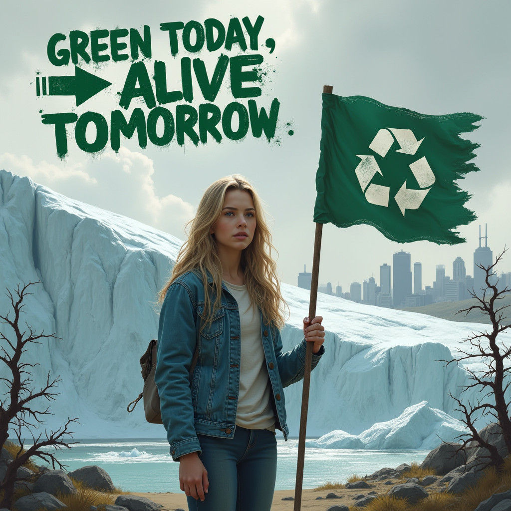 Climate Change: Woman and Melting Glacier in Photorealism