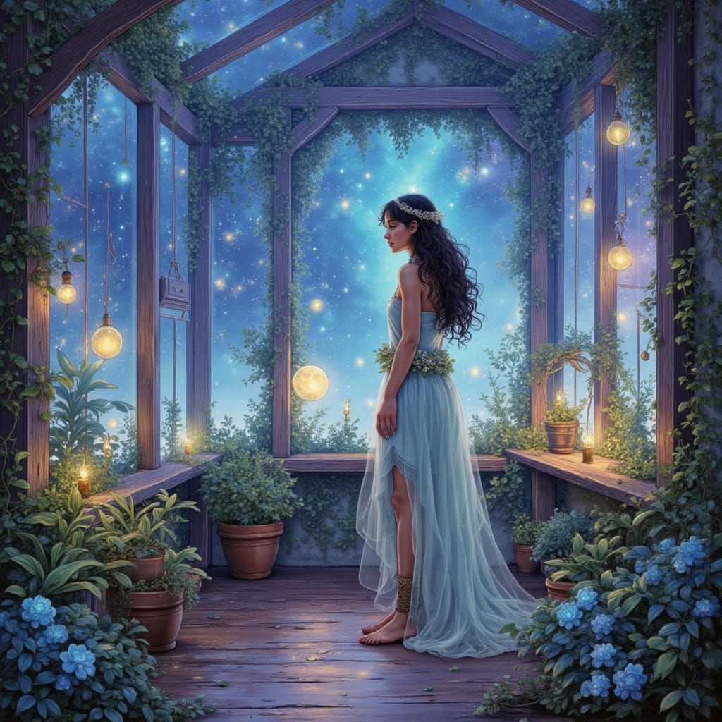 Celestial Botanist in Nebula Greenhouse