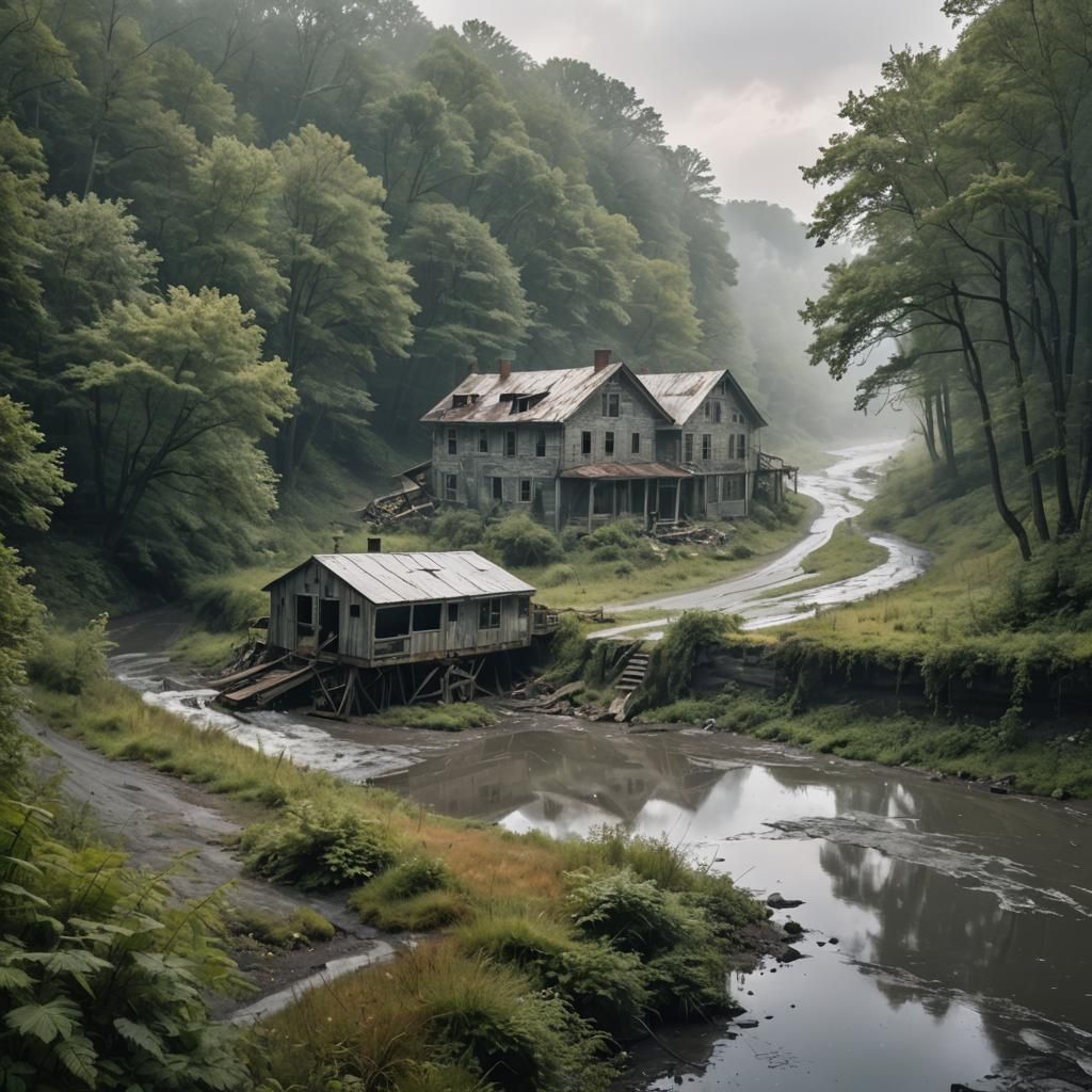 Pennsylvania Forest: Modern House and War Ruins
