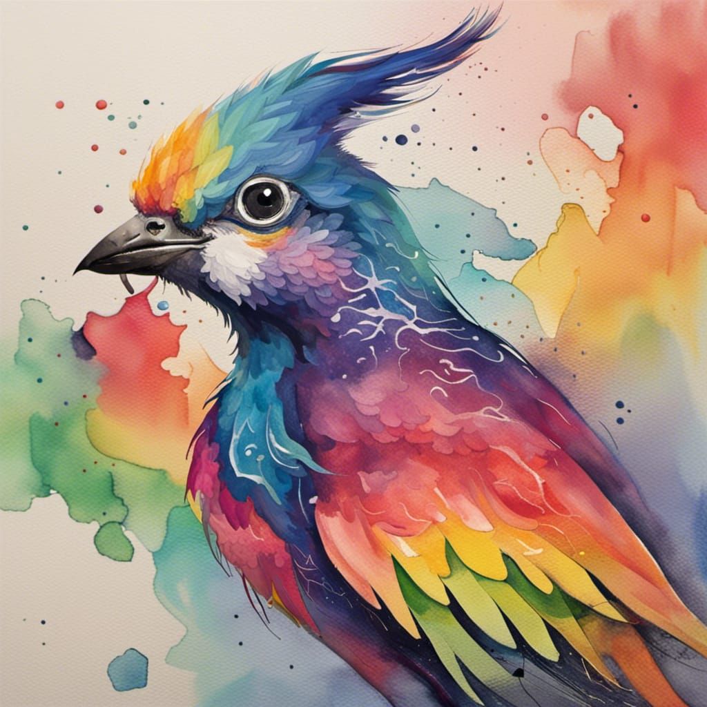 Watercolor Rainbow Bird in Abstract Nature Scene