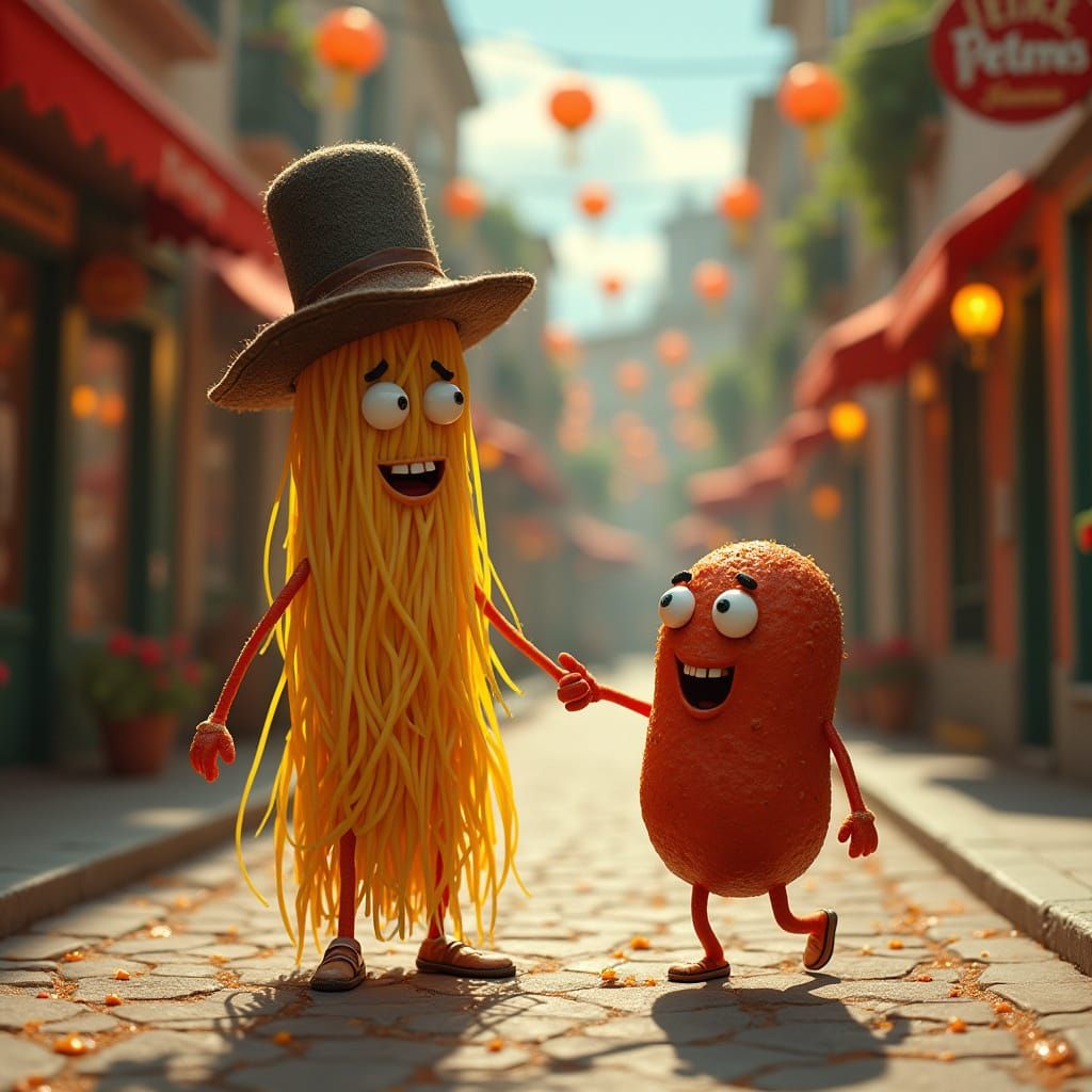 Whimsical Italian Noodle Scene in Retro Style