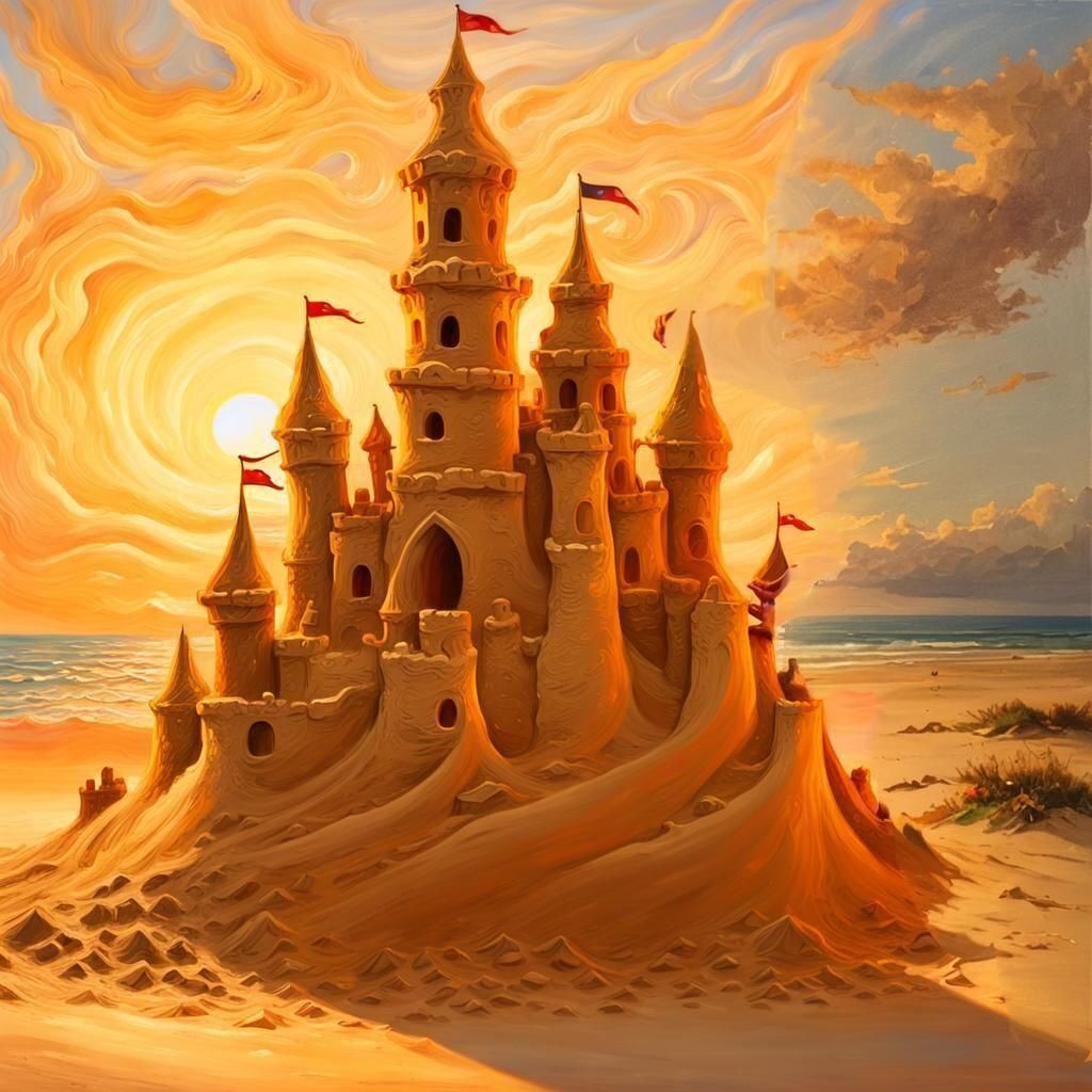 Sunset Seascape Painting with Sandy Beach