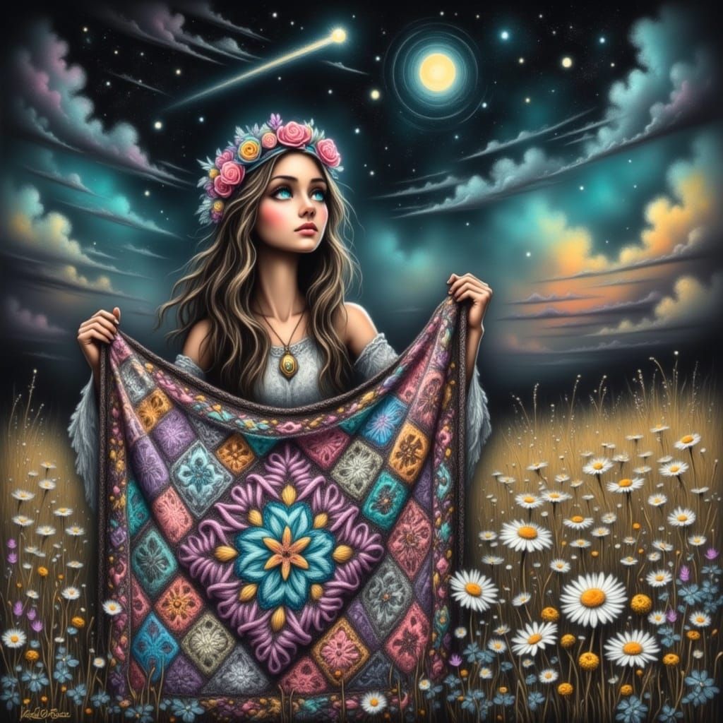 Hippie Woman with Crochet Blanket Under Starry Sky