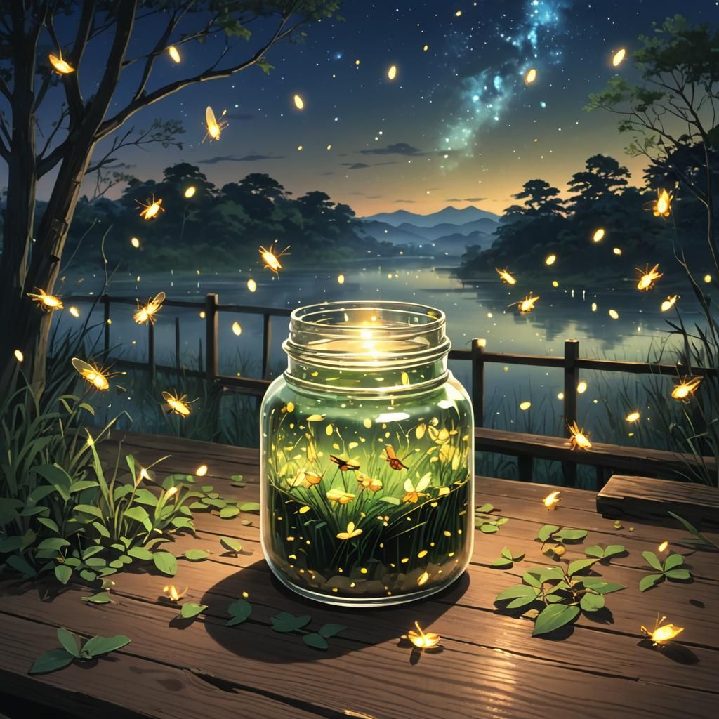 Fireflies in a Jar: Anime-Inspired Night Landscape