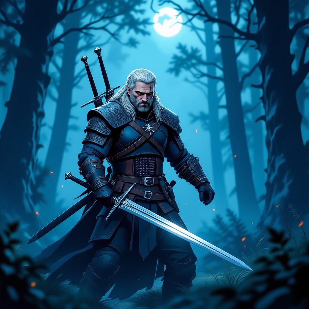 Witcher Geralt in Moonlit Forest