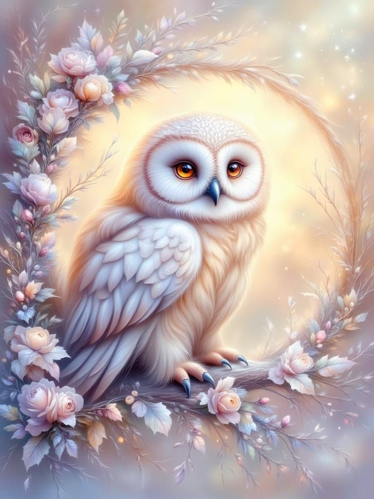 Pastel Owl on Crescent Moon in Dreamscape