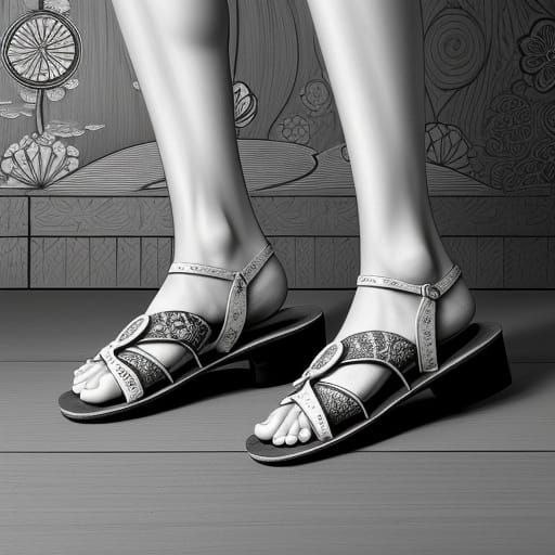 Traditional Japanese Zori Sandals in Charcoal Drawing