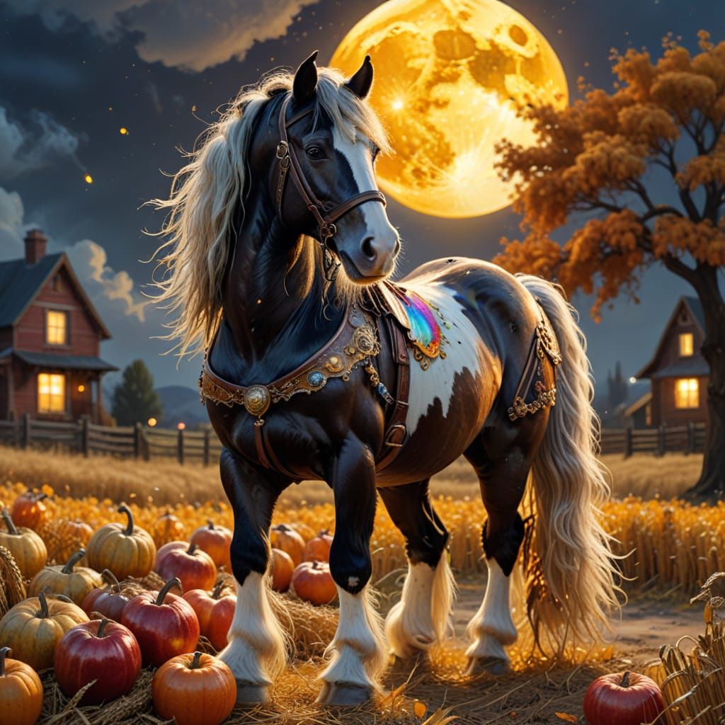 Steampunk Gypsy Horse in Autumn Harvest Field