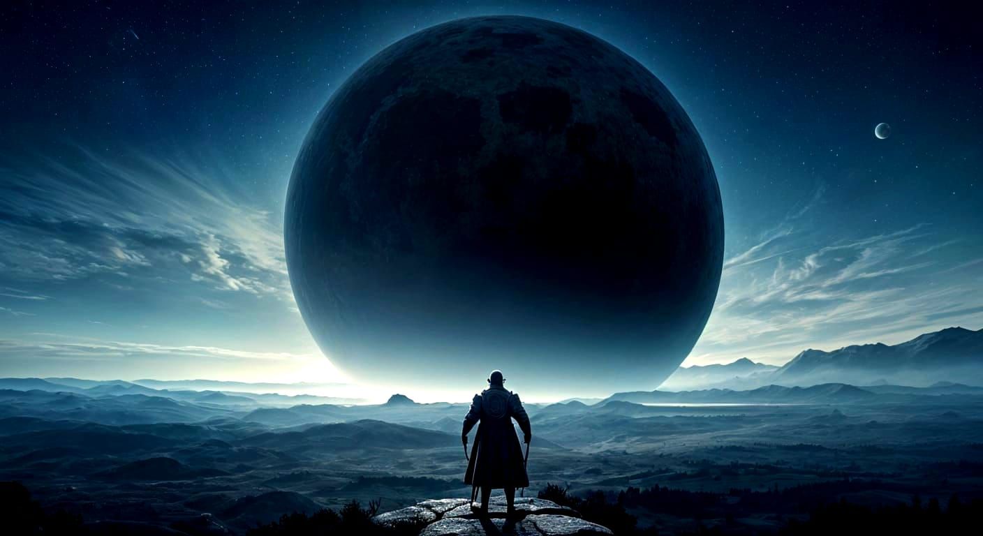 Ancient Moon and Figure Contemplating Cosmic Symbols