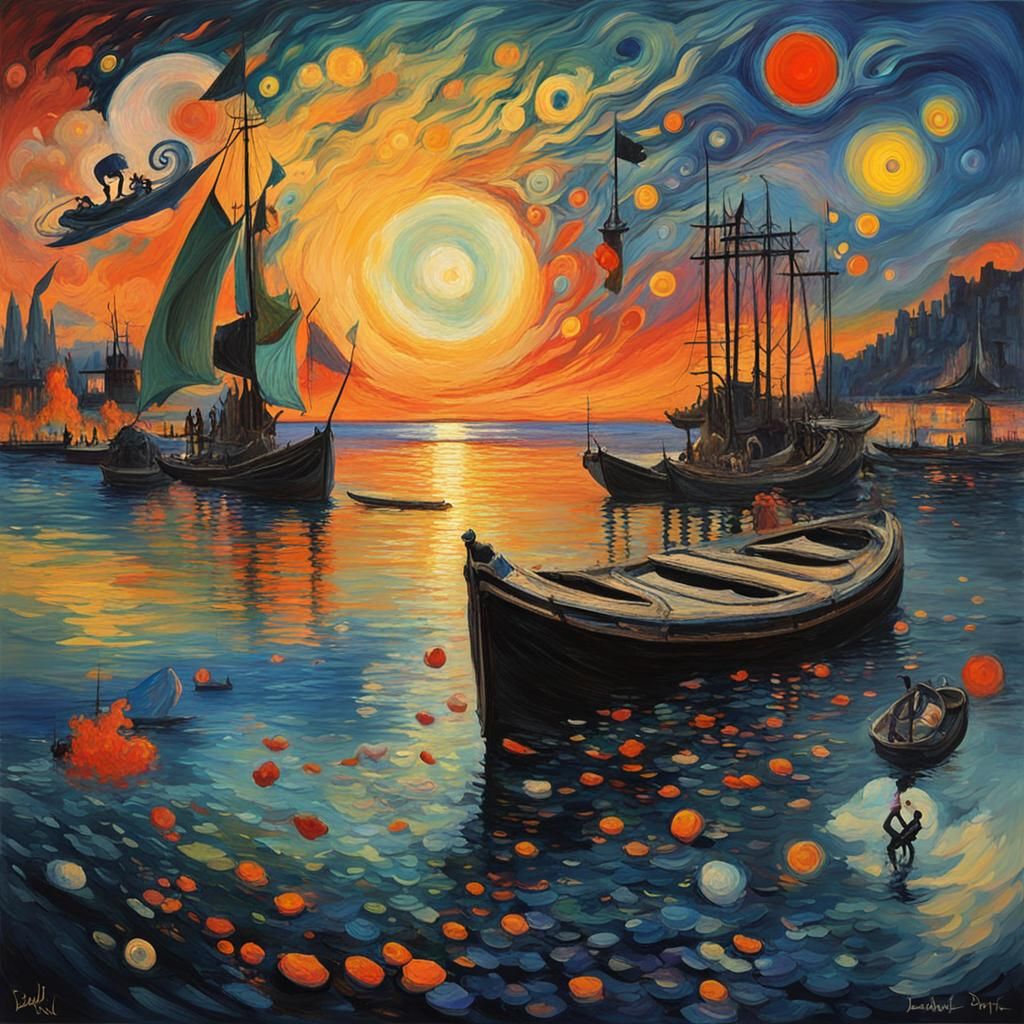 Surrealist Harbor Scene Inspired by Abstract Masters