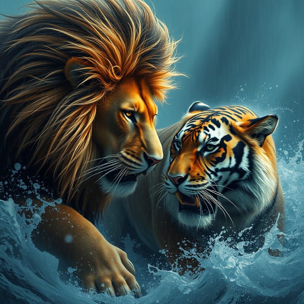 Lion Shakes Mane as Tiger Stares: High-Fantasy Battle