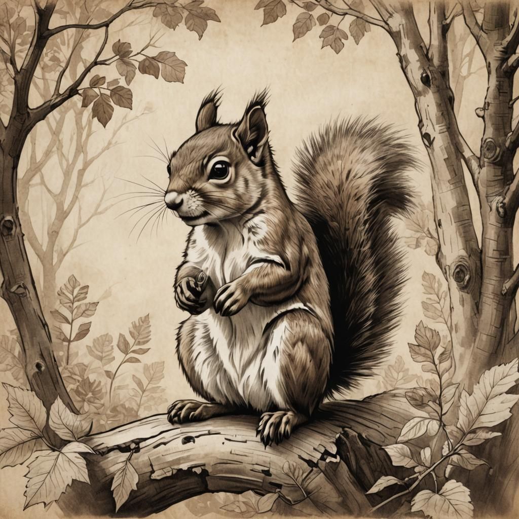 Intricate Parchment Sketch of a Squirrel