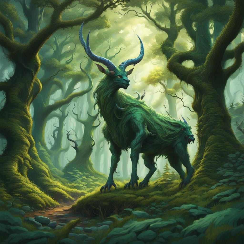 Winged Beast in Lush Forest, Digital Matte Painting